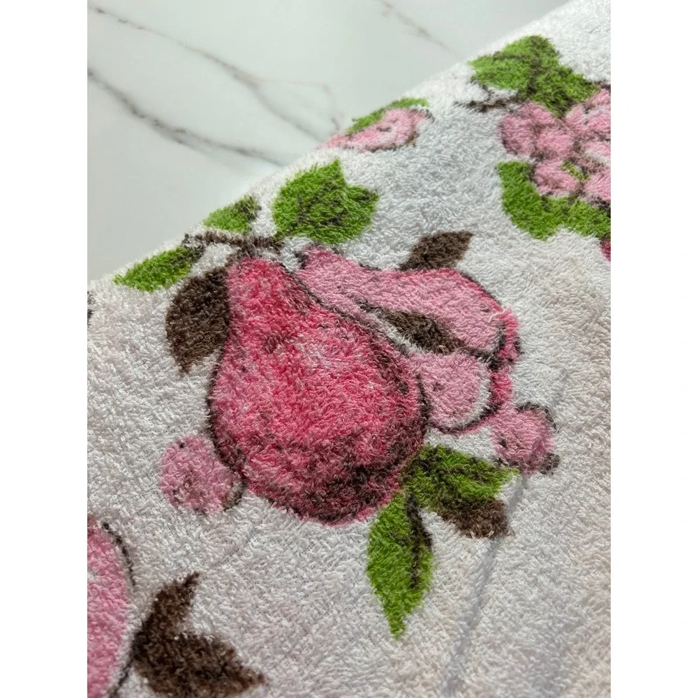Vintage Fruit Floral Oversized Beach Towel Pink Green White Terry Cloth 46x81